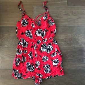 H&M red floral romper shorts spaghetti straps